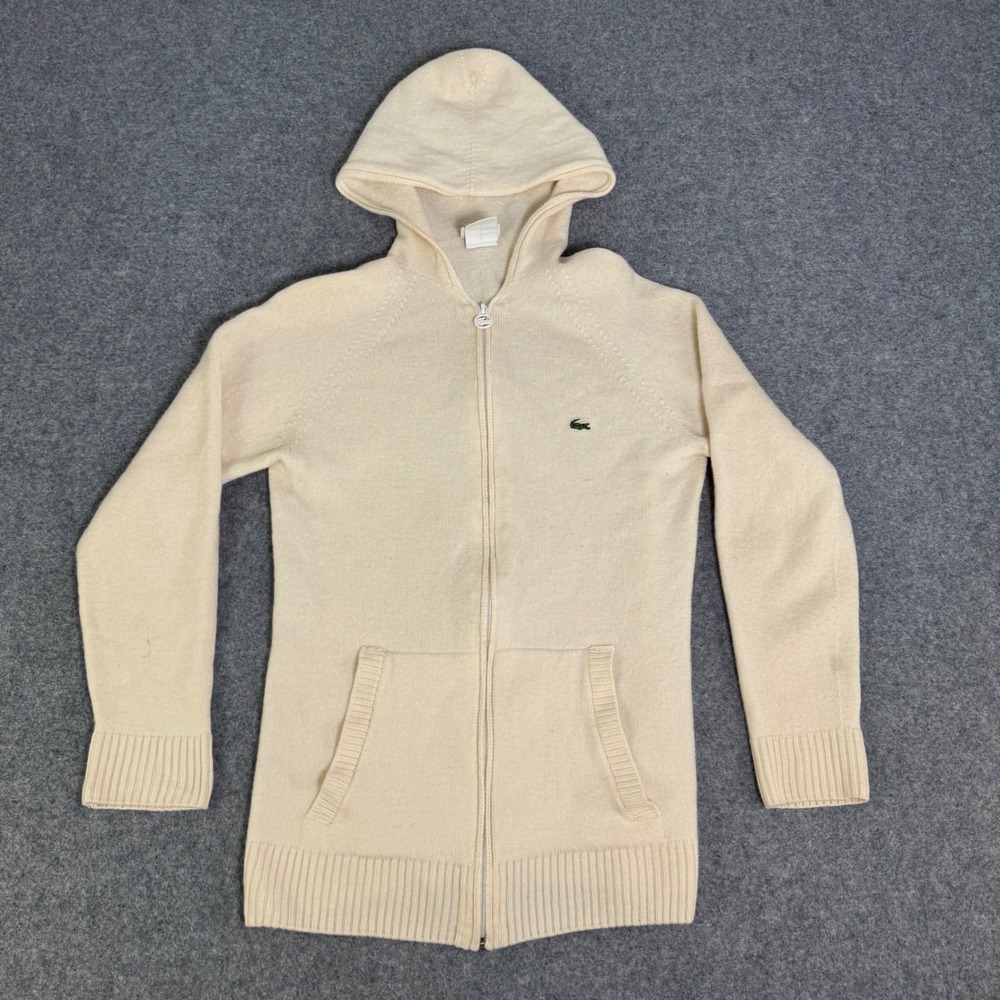 Lacoste Full Zip Hooded Sweater Women 42 Cream Good Vintage Wool Logo Flaw